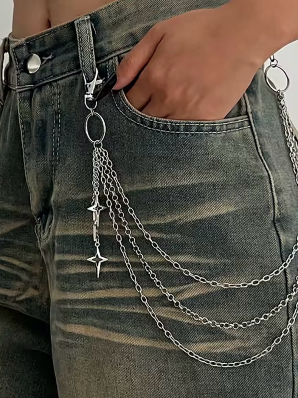 Silver Triple Chain Waist / Body Chain with Star Charms